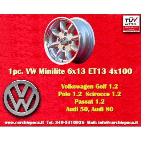 Volkswagen Minilite 6x13 ET13 4x100 silver/diamond cut 1502-2002tii, 3 E21 cerchio wheel jante felge llanta