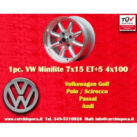 Volkswagen Minilite 7x15 ET5 4x100 silver/diamond cut 1502-2002, 1500-2000tii, 2000C CA CS, 3 E21, E30 cerchio wheel jante felge