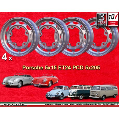 4 pz. cerchi Porsche OEM 5x15 ET24 5x205 silver 356 A B (a 1963), Volkswagen Beetle Karmann Ghia Bus T1 T2a