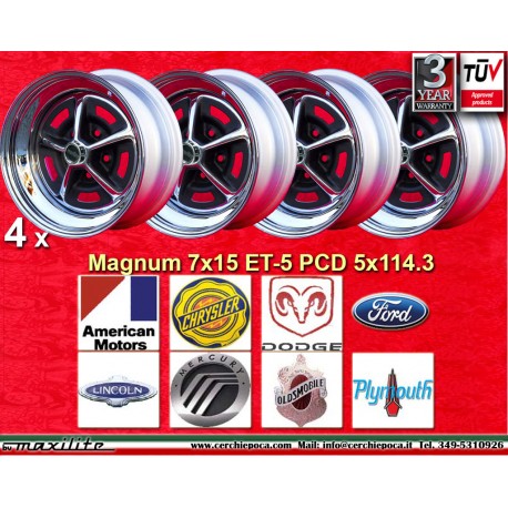 4 cerchi Magnum 500 7x15 5x114.3 AMERICAN MOTORS BUICK CHRYSLER DODGE FORD LINCOLN MERCURY OLDSMOBILE PLYMOUTH Mustang F