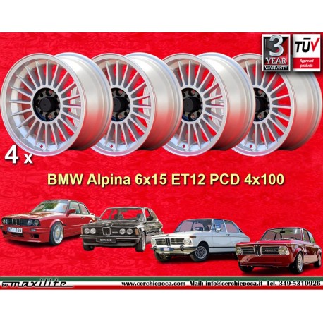 BMW Alpina 6x15 ET12 4x100 silver/black 1500-2000tii, 1502-2002tii, 3 E21, E30 cerchi wheels jantes llantas felgen 