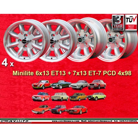 Fiat Minilite 6x13 ET13 7x13 ET-7 4x98 silver/diamond cut 124 Berlina, Coupe, Spider, 125, 127, 131, 132, X cerchi wheels felgen