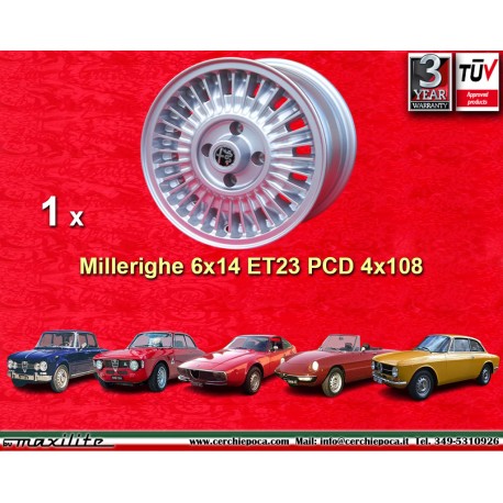 1 pz. cerchio Alfa Romeo Millerighe 6x14 ET23 4x108 silver Giulia TI Super 105 -1971 Giulietta 101 750