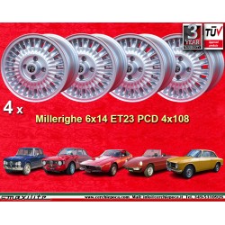 4 uds. llantas Alfa Romeo Millerighe 6x14 ET23 4x108 silver Giulia TI Super 105 -1971 Giulietta 101 750