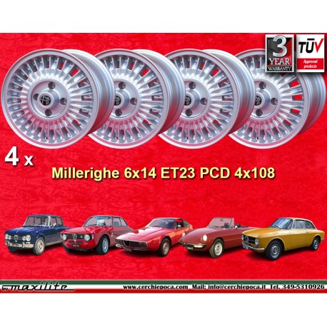 4 uds. llantas Alfa Romeo Millerighe 6x14 ET23 4x108 silver Giulia TI Super 105 -1971 Giulietta 101 750