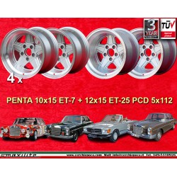 4 pcs. wheels Mercedes Penta 10x15 ET-7 12x15 ET-25 5x112 silver/diamond cut w107 w108 w109 Red Pig 300 SEL