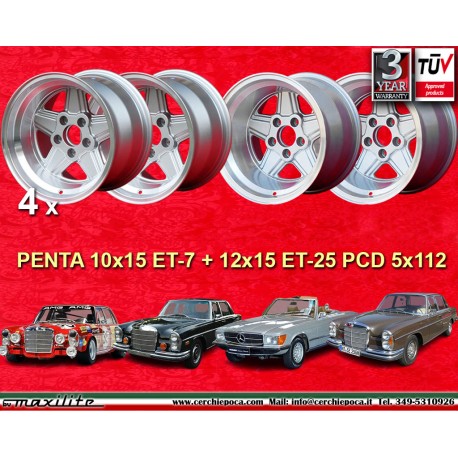 4 pcs. jantes Mercedes Penta 10x15 ET-7 12x15 ET-25 5x112 silver/diamond cut w107 w108 w109 Red Pig 300 SEL
