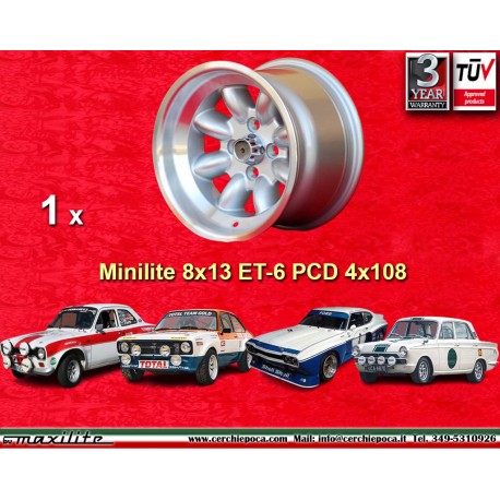 Ford Minilite 8x13 ET-6 4x108 silver/diamond cut Escort Mk1-2, Capri, Cortina cerchio wheel llanta Felge jante