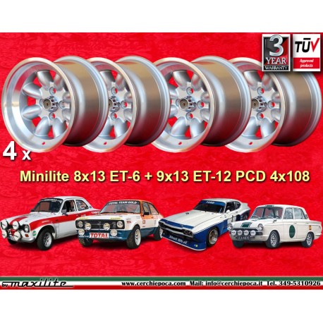 Ford Minilite 8x13 ET-6 9x13 ET-12 4x108 silver/diamond cut Escort Mk1-2, Capri, Cortina  cerchi wheels llantas jantes felgen ce