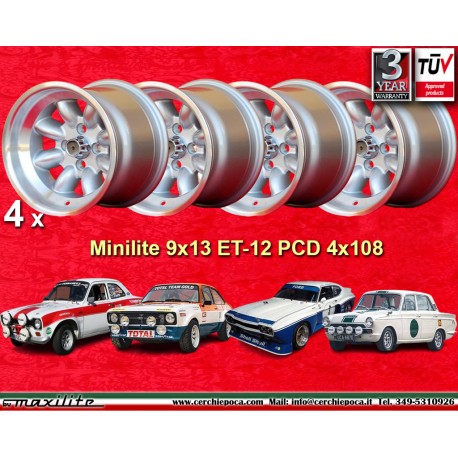 Ford Minilite 9x13 ET-12 4x108 silver/diamond cut Escort Mk1-2, Capri, Cortina only back axle cerchi wheels llantas jantes felge