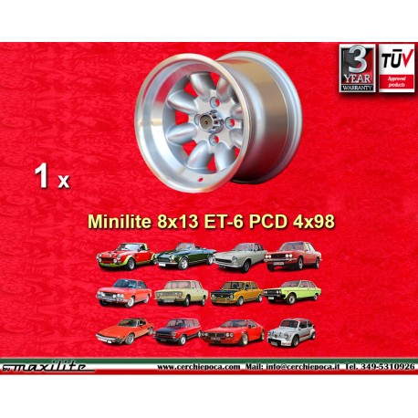 Fiat Minilite 8x13 ET-6 4x98 silver/diamond cut 124 Spider, Coupe, X1/9 cerchio wheel jante felge llanta