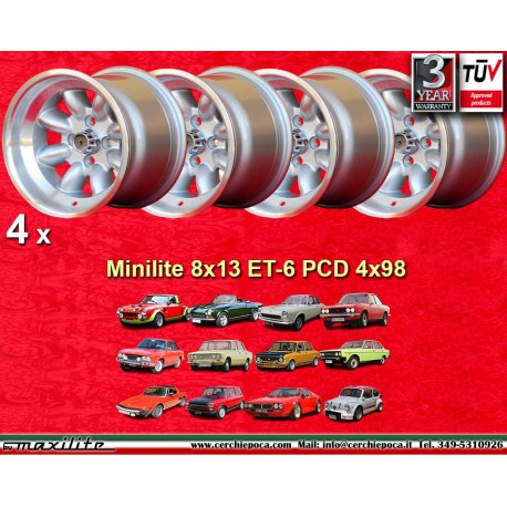 Fiat Minilite 8x13 ET-6 4x98 silver/diamond cut 124 Spider, Coupe, X1/9 cerchi wheels jantes felgen llantas