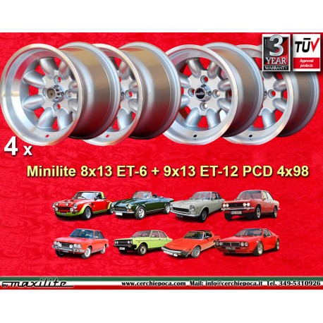 Fiat Minilite 9x13 ET-12 4x98 silver/diamond cut 124 Spider, Coupe, X1/9 cerchi wheels jantes felgen llantas