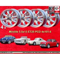 4 Felgen Minilite 5.5x13 4x101.6 Austin Mini MG Midget  Midget Mini Mk1-3 Austin Sprite mk1-4  silver/diamond cut