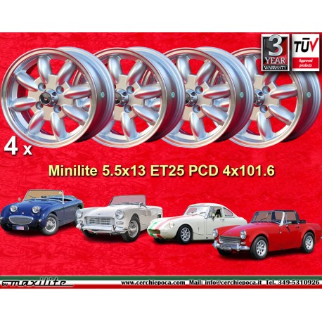 Austin Healey Minilite 5.5x13 ET25 4x101.6 silver/diamond cut Mini Mk1-3 cerchio wheel jante llanta felge