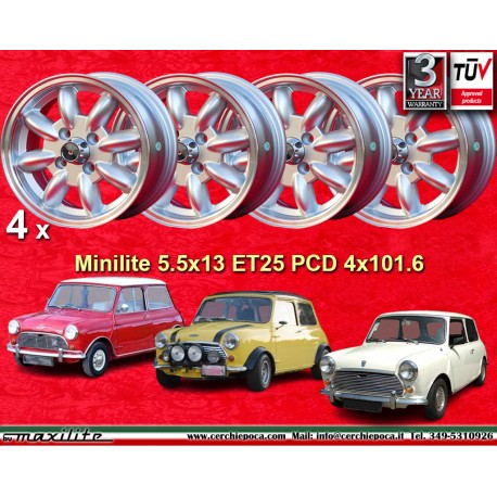 Minilite 5.5x13 ET25 4x101.6 silver/diamond cut Mini Mk1-3 cerchi wheels jantes llantas felgen