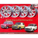 4 wheels Minilite 5.5x13 4x101.6 Austin Mini MG Midget  Midget Mini Mk1-3 Austin Sprite mk1-4  silver/diamond cut
