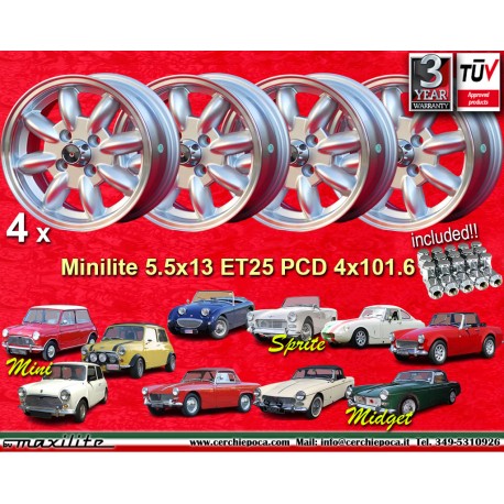 Minilite 5.5x13 ET25 4x101.6 silver/diamond cut Mini Mk1-3 cerchi wheels jantes llantas felgen