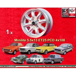 Ford Minilite 5.5x13 ET25 4x108 silver/diamond cut Escort Mk1,Mk2, Capri, Cortina cerchio wheel llanta jante Felge