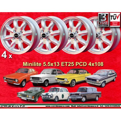 Ford Minilite 5.5x13 ET25 4x108 silver/diamond cut Escort Mk1,Mk2, Capri, Cortina cerchi wheels jantes llantas felgen