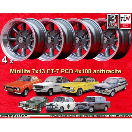 Ford Minilite 7x13 ET-7 4x108 anthracite/diamond cut Escort Mk1-2, Capri, Cortina cerchi wheels llantas felgen jantes