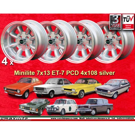Ford Minilite 7x13 ET-7 4x108 silver/diamond cut Escort Mk1-2, Capri, Cortina cerchi wheels llantas jantes felgen
