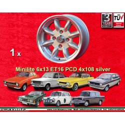 llanta Ford Minilite 6x13 ET16 4x108 silver/diamond cut Escort Mk1-2, Capri, Cortina