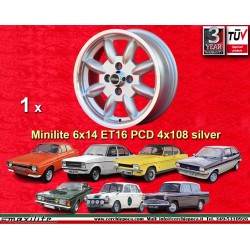 1 pc. Ford Minilite 6x14 ET16 4x108 silver/diamond cut Escort Mk1-2, Capri, Cortina jantes 