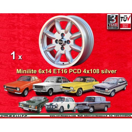 1 pc. Ford Minilite 6x14 ET16 4x108 silver/diamond cut Escort Mk1-2, Capri, Cortina jantes 