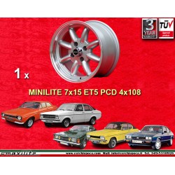 Ford Minilite 7x15 ET5 4x108 silver/diamond cut Escort Mk1-2, Capri, Cortina cerchio wheel jante llanta Felge