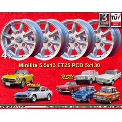 NSU Minilite 5.5x13 ET25 5x130 silver/diamond cut S 600 800 TT TTS, 110, 1200C, Wankelspider cerchi wheels jantes felgen llantas
