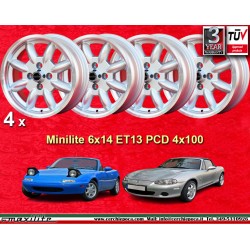 4 pz. cerchi Mazda Minilite 6x14 ET13 4x100 silver/diamond cut 1502-2002, 1500-2000tii, 2000C CA CS, 3 E21, E30, Opel  cerchi wh