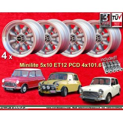 4 Felgen Minilite 5x10 + Radschrauben KM2 126 4x101.6 Mini Mk1-3  Mk1-3 850 1000