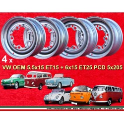 4 cerchi OE 5.5x15 + 6x15 5x205 Volkswagen VW  VW 1950-67 5.5x15  PCD 5x205  ET15  ABE  silver.