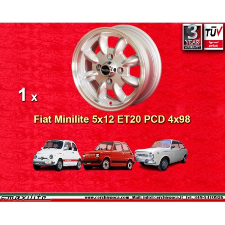Fiat Minilite 5x12 ET20 4x98 silver/diamond cut 126, 600, 850 cerchio wheel jante llanta felge