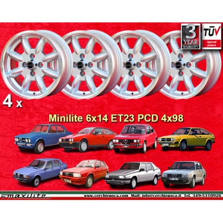 Alfa Romeo Minilite 6x14 ET23 4x98 silver/diamond cut 124 Berlina, Coupe, Spider, 125, 127, 128, 131, X1/9cerchi wheels jantes f