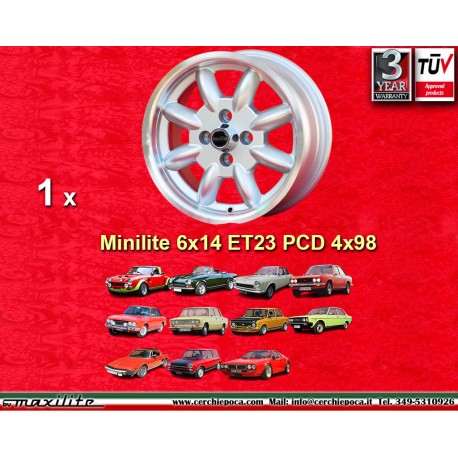 Fiat Minilite 6x14 ET23 4x98 silver/diamond cut 124 Berlina, Coupe, Spider, 125, 127, 128, 131, X1/9 cerchio wheel jante felge l