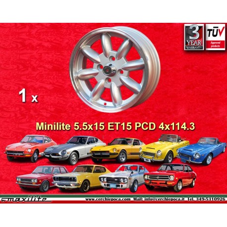 Datsun Minilite 5.5x15 ET15 4x114.3 silver/diamond cut MBG, TR2-TR6 cerchio wheel jante llanta felge