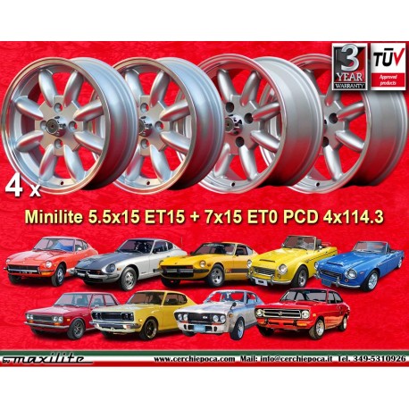 Datsun Minilite 5.5x15 ET15 7x15 ET0 4x114.3 silver/diamond cut MBG, TR2-TR6 cerchi wheels jantes felgen llantas