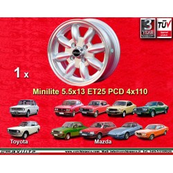 1 Felge Minilite 5.5x13 4x110 Mazda Toyota Corolla  Corolla KE10/20 Mazda 616 818 RX-2 RX-3 RX-7 323 626 929  silver/dia