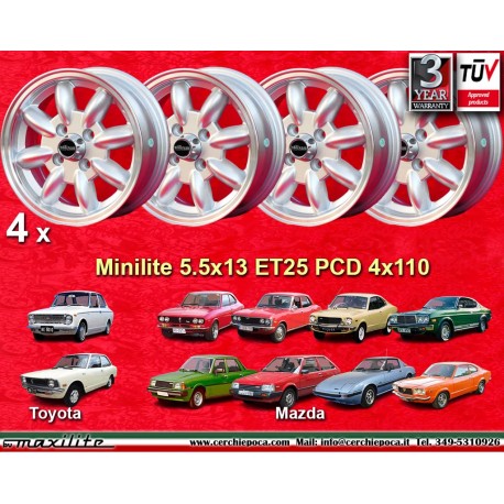 4 cerchi Minilite 5.5x13 4x110 Toyota Mazda Toyota Corolla KE10/20 Mazda 616 818 RX-2 RX-3 RX-7 323 626 929  silver/diam