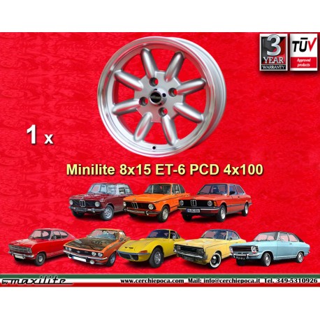 1 Felge Minilite 8x15 4x100 BMW 1502-2002 1500-2000tii 2000C CA CS 3 E21 E30 silver/diamond cut