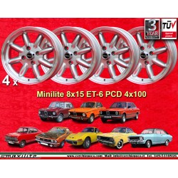 4 jantes Minilite 8x15 4x100 BMW 1502-2002 1500-2000tii 2000C CA CS 3 E21 E30 silver/diamond cut