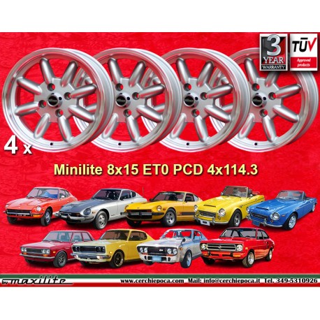 4 cerchi Minilite 8x15 ET0 4x114.3 Triumph Toyota Datsun 240Z  silver/diamond cut