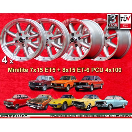 4 wheels Minilite 7x15 + 8x15 4x100 Opel Volkswagen Mazda BMW 1502-2002  1502-2002 1500-2000tii 2000C CA CS 3 E21 E30 Op