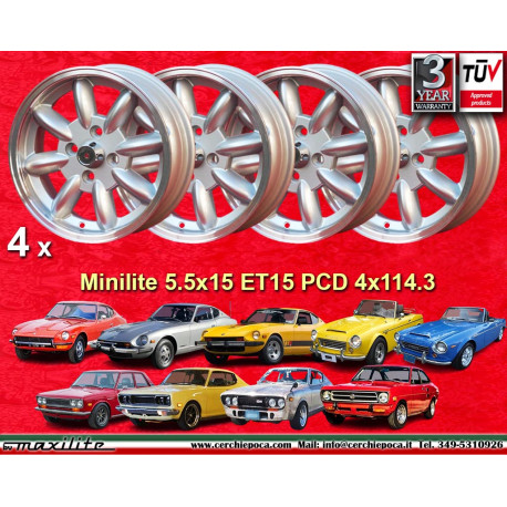 4 wheels Minilite 5.5x15 4x114.3 Triumph Saab Austin Healey Datsun MG MGB  MGB TR2 TR3 TR4 TR5 TR6 Saab 99 Datsun Roadst