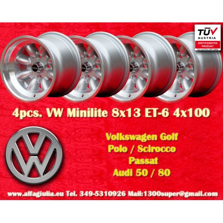 Volkswagen Minilite 8x13 ET-6 4x100 silver/diamond cut 1502-2002 tii, 3 E21 only back axle cerchi wheels jantes llantas felgen 