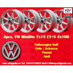 Volkswagen Minilite 7x15 ET5 4x100 silver/diamond cut 1502-2002, 1500-2000tii, 2000C CA CS, 3 E21, E30 cerchi wheels jantes llan